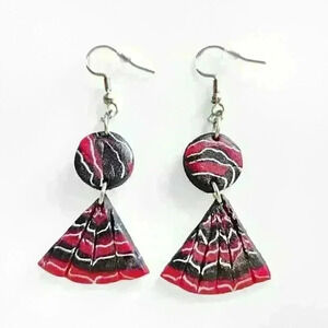 Red & black  Victorian vampire style handheld fan earrings made of marble clay